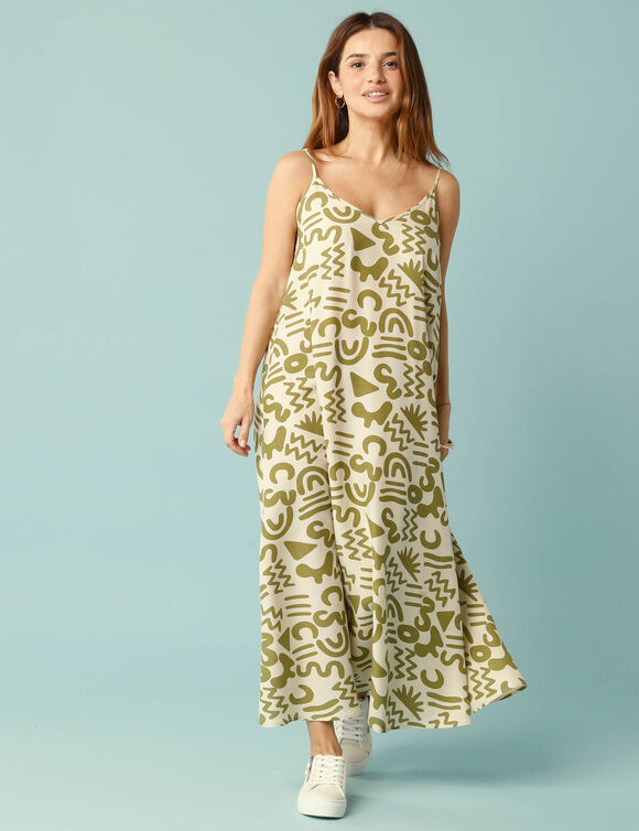 Robe longue Spécial Petites imprimé ethnique à fines bretelles  (écru / vert)