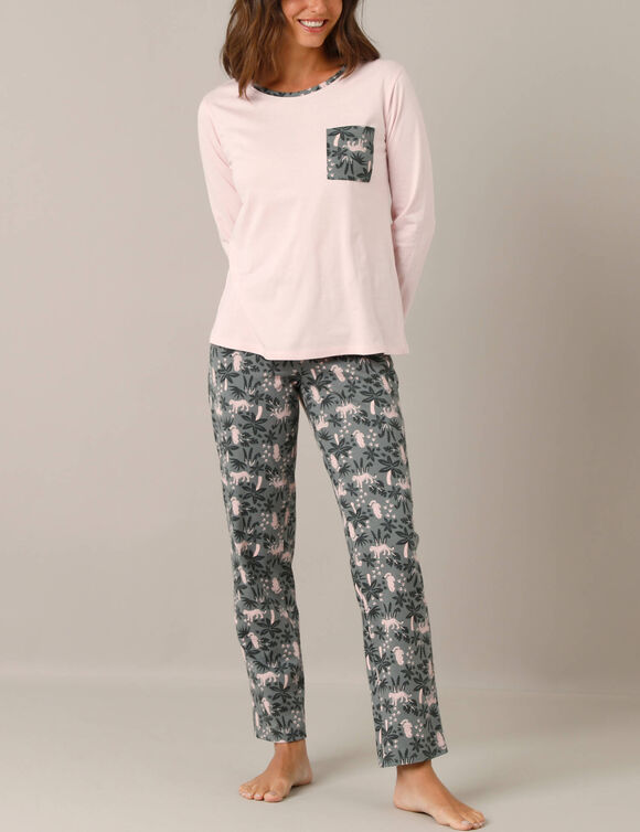 Pyjama imprim&eacute; jungle, maille jersey coton (gris / rose)