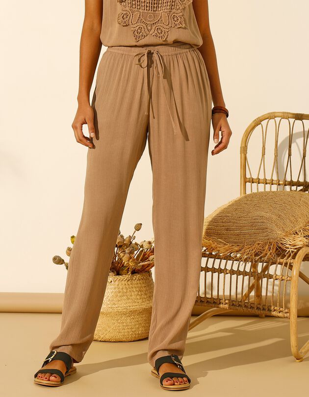 Effen soepele broek in crepon (taupe)