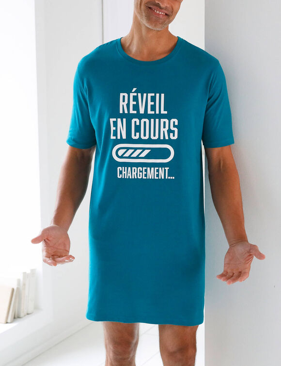 Maxi-pyjama-T-shirt bedrukt met motief &bdquo;wekker aan de gang&ldquo; (eendenblauw)