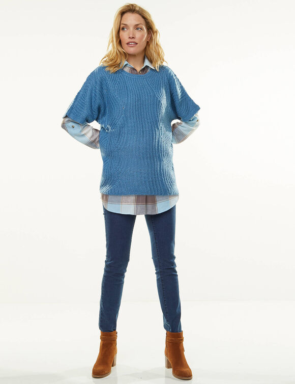 Pull poncho manches coudes, maille anglaise et torsades (bleu)