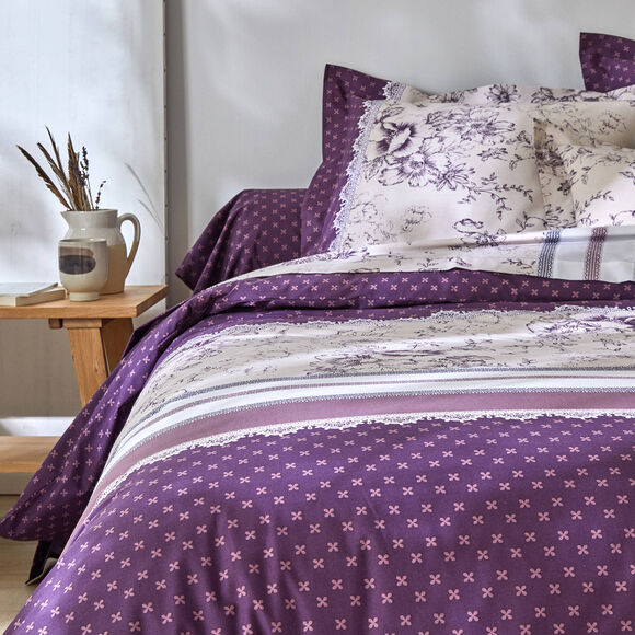 Linge de lit Gabrielle flanelle, imprimé fleurs et dentelle (prune)
