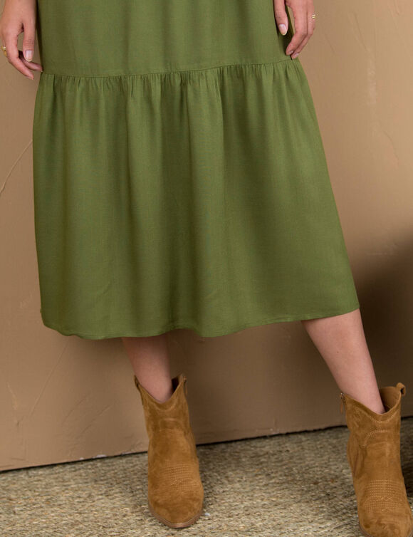 Robe longue manches coudes, broderies contrastées (kaki)