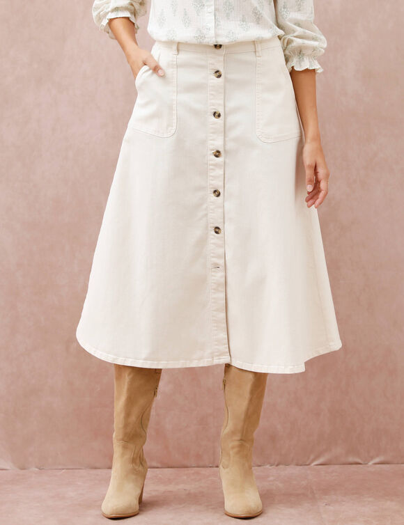 Jupe longue &eacute;vas&eacute;e boutonn&eacute;e devant, twill stretch (&eacute;cru)
