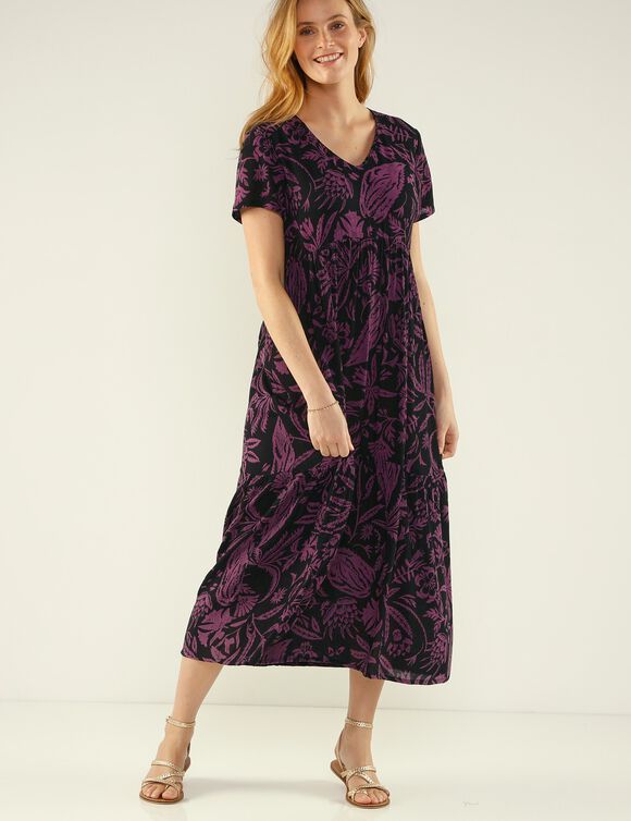 Robe longue imprimée col V, crépon (noir / prune)