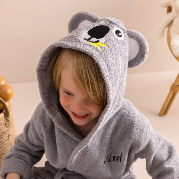 Badjas voor kinderen, personaliseerbaar, koala met kap (grijs)