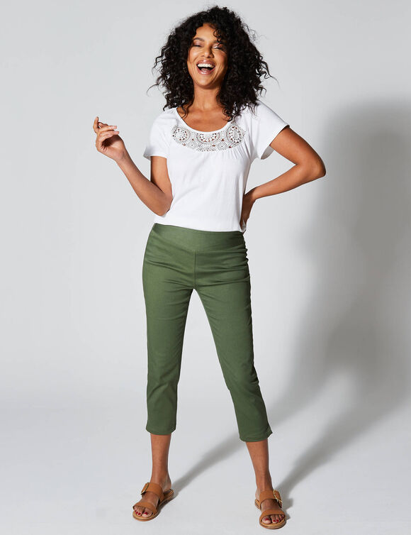 Pantacourt toile stretch, effet ventre plat (kaki)