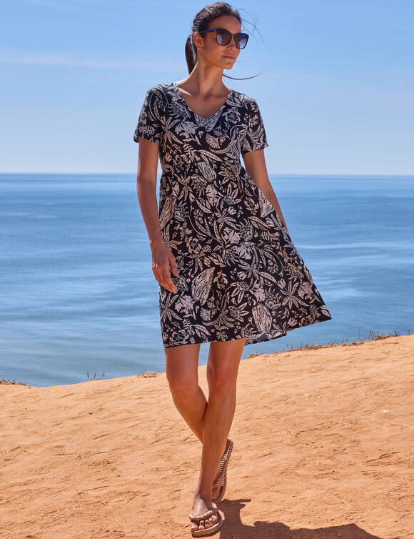 Robe col V courte imprim&eacute;e, cr&eacute;pon (noir / blanc)