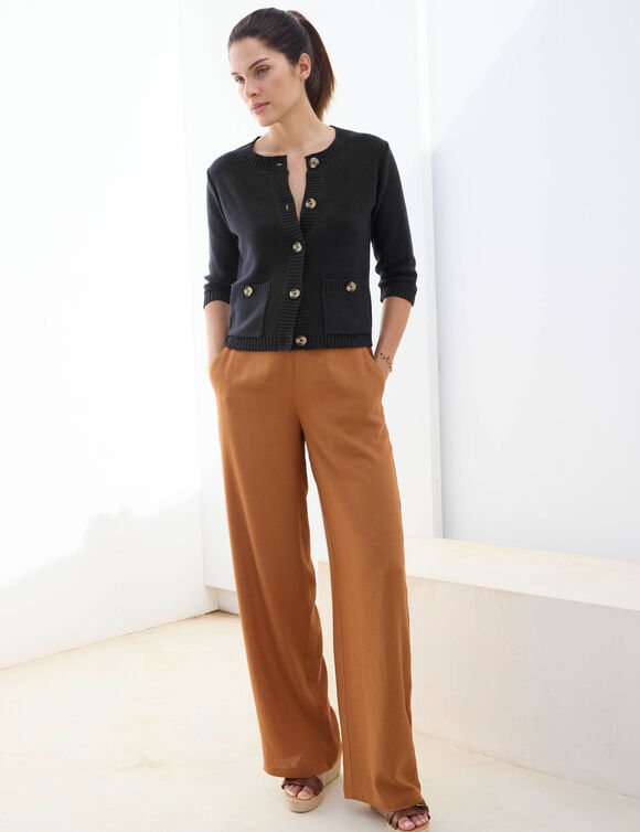 Cardigan boutonn&eacute; &agrave; poches, manches coude (noir)