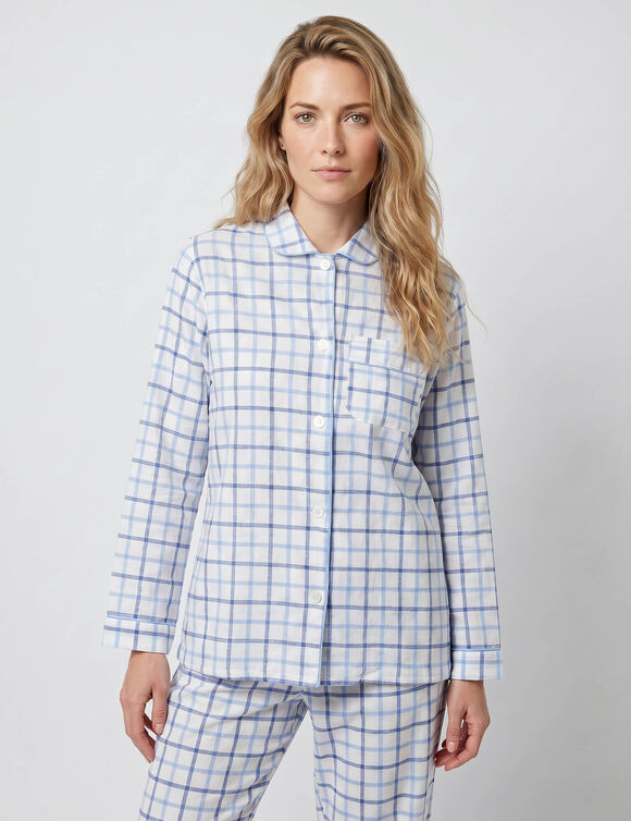 Pyjama pantalon en flanelle tiss&eacute; teint carreaux (&eacute;cru / bleu)