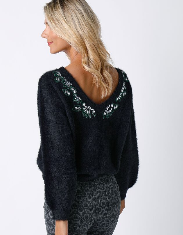Pull maille douceur avec strass et perles (noir / argenté)