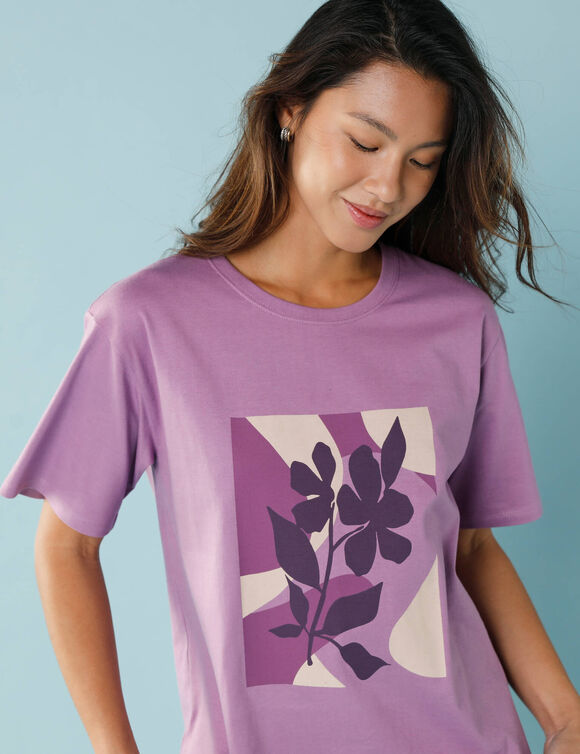 T-shirt manches courtes imprimé placé, Spécial Petites (violine)