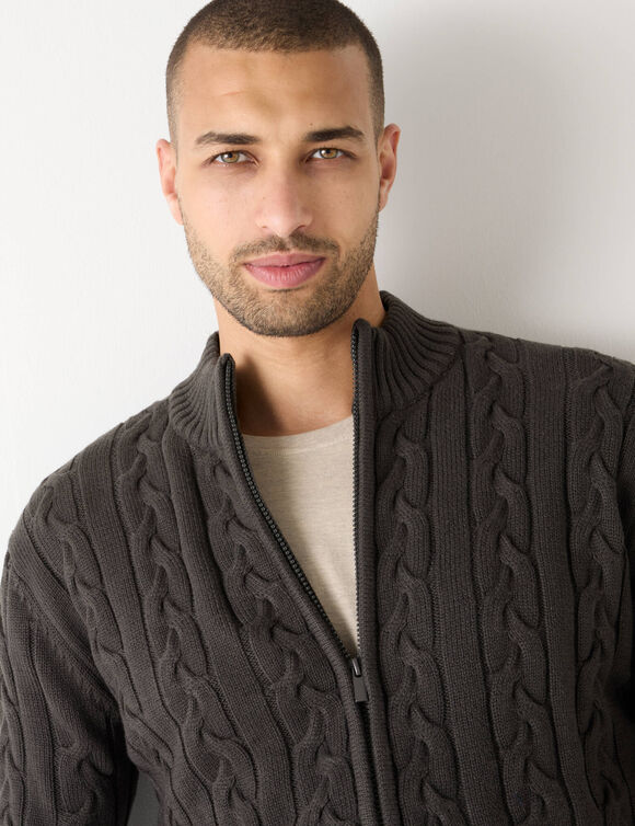 Gilet col montant zipp&eacute; torsad&eacute; (anthracite)