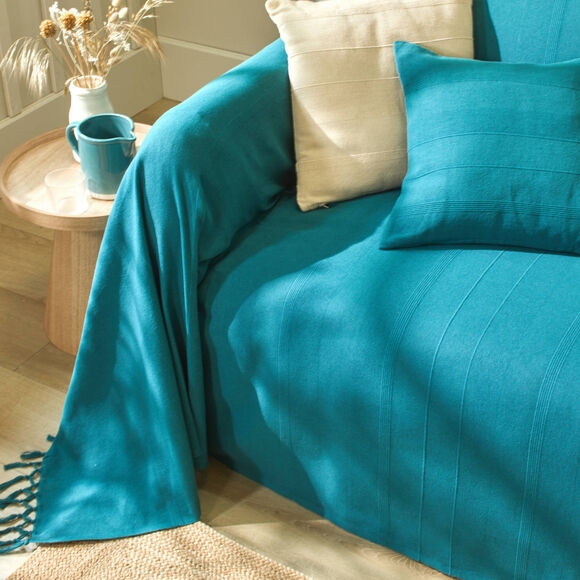   Plaid ou jeté uni coton tissage artisanal (bleu canard)