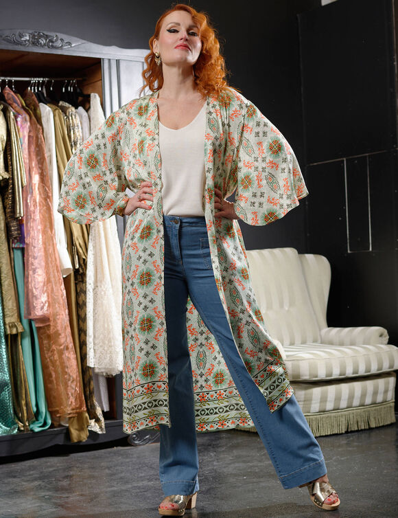 Kimono long imprimé « Roubaix Nostalgie » - Marilyn Feltz  (vert d'eau / corail)