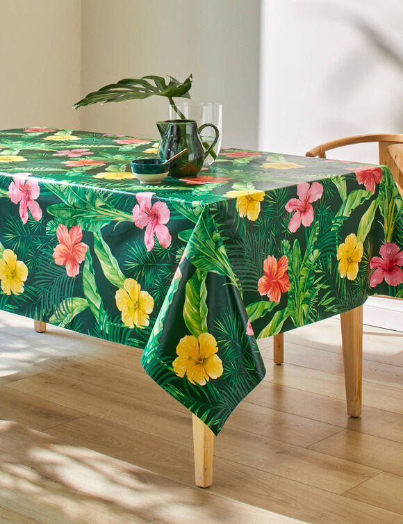 Nappe toile cirée imprimé hibiscus (vert / multicolore)