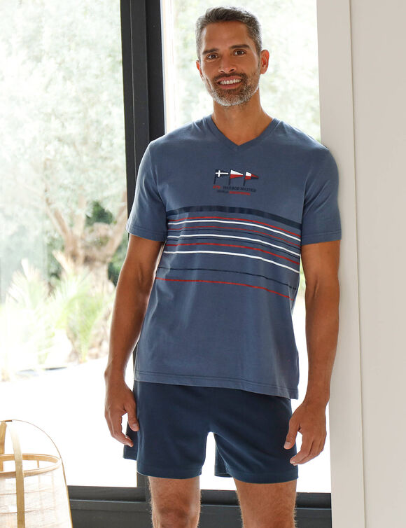 Pyjama short col V coton adouci (bleu grisé / marine)
