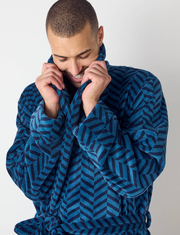 Robe de chambre polaire toucher peluche imprimé chevrons (bleu pétrole)