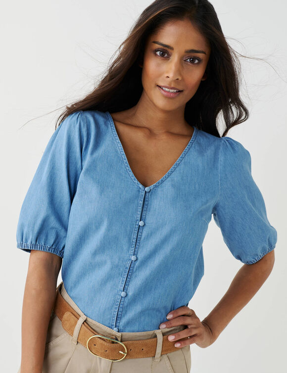 Chemisier boutonn&eacute; en jean l&eacute;ger, manches coudes (bleached)