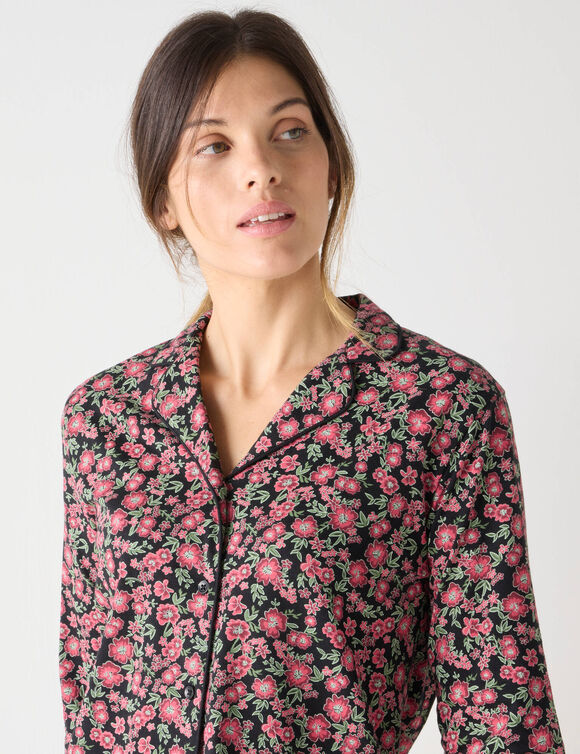 Pyjama manches longues coton fleuri col tailleur (noir / bordeaux)