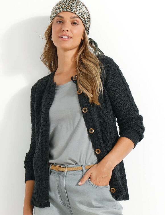 Cardigan boutonné, maille torsadée (noir)