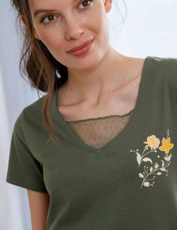 T- shirt pyjama manches courtes motif floral imprim&eacute;  (kaki)