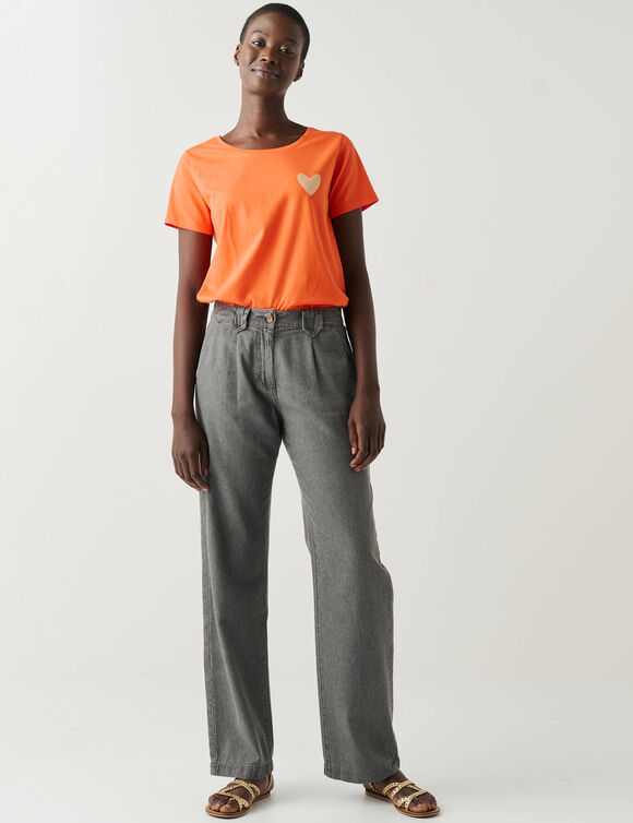 T-shirt met ronde hals, effen met goudkleurig hart (oranje)