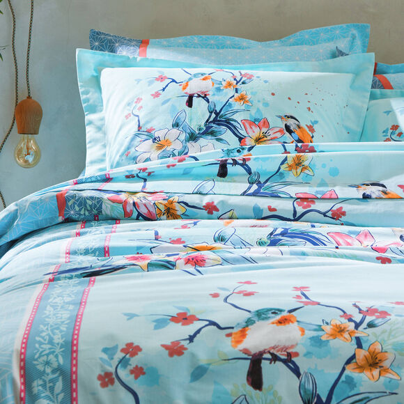 Linge de lit Birdy en coton imprim&eacute; oiseaux (lagon)