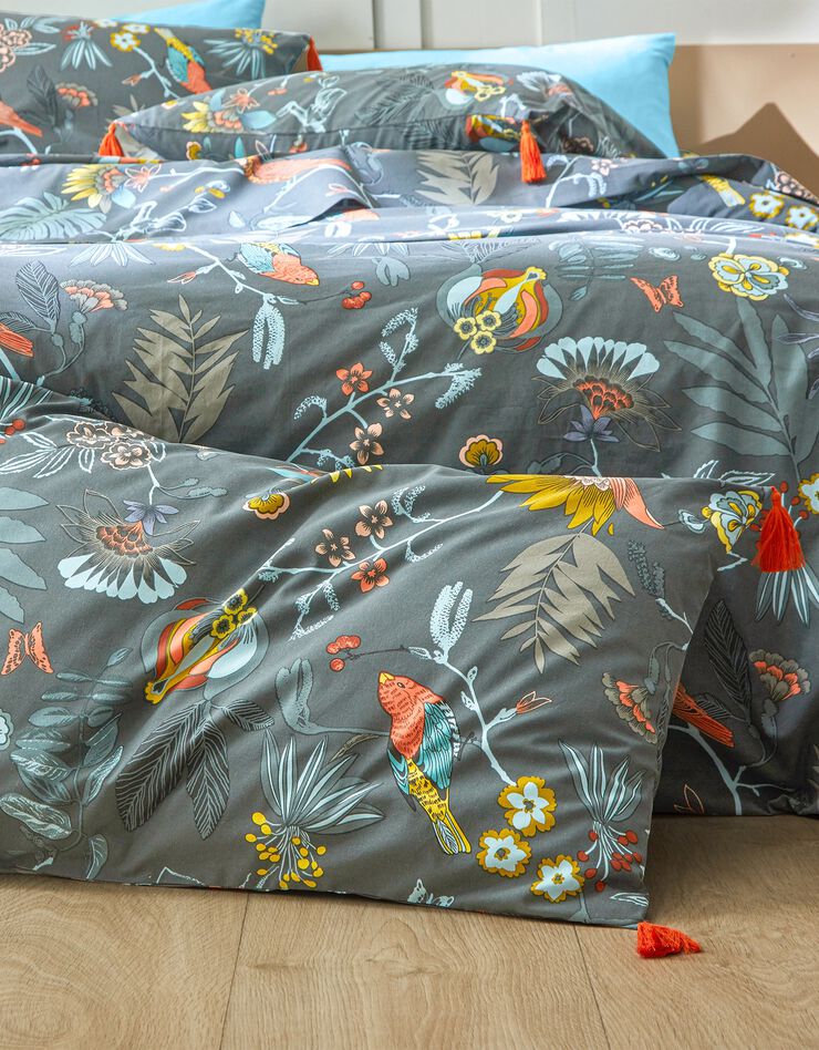 Linge de lit Amelia en coton imprimé oiseaux et finitions pompons, vert canard Linge de lit Amelia en coton imprimé oiseaux et finitions pompons, vert canard, hi-res image number 2