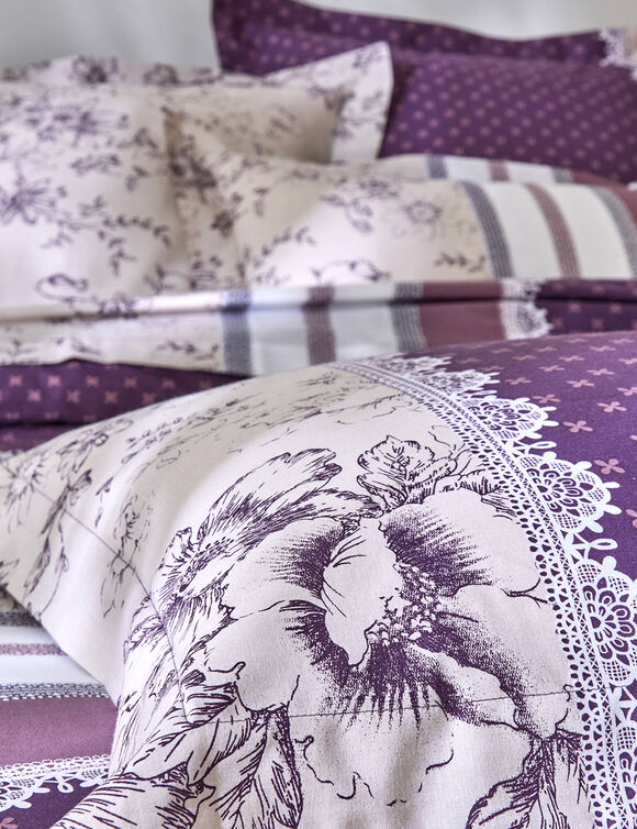 Linge de lit Gabrielle imprim&eacute; pois-fleurs-dentelle - flanelle 150 g/m&sup2; (prune)