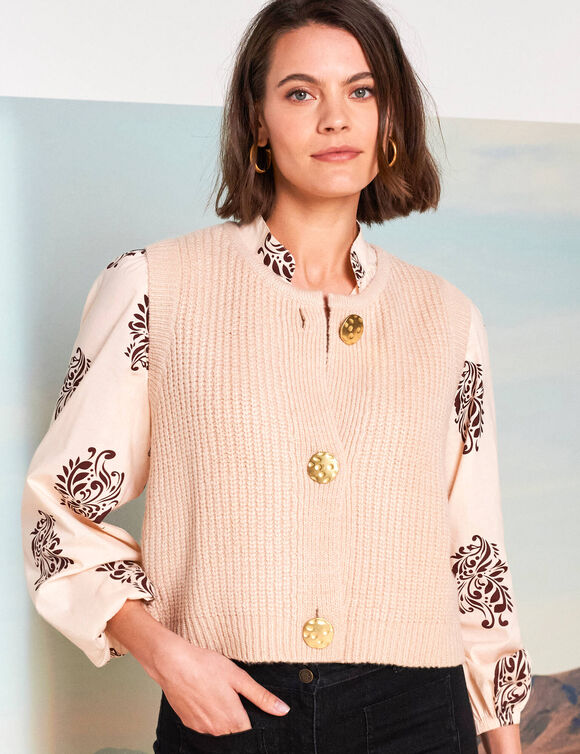 Gilet sans manches toucher doux, boutons dorés (beige)