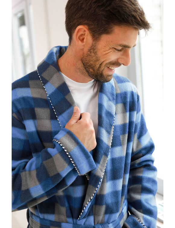 Robe de chambre courte maille polaire (carreaux bleu)