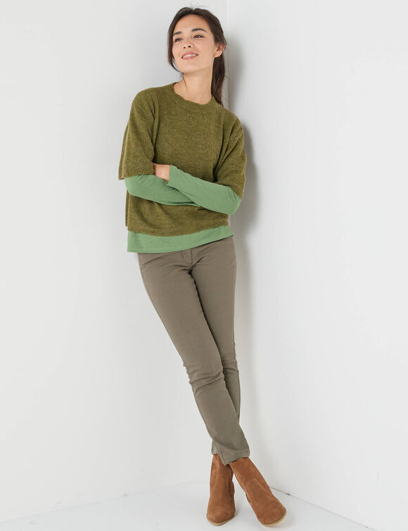 Pull loose manches coudes, laine et mohair m&eacute;lang&eacute;s (vert mousse)