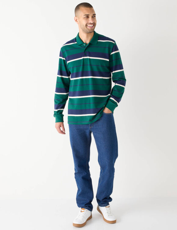 Polo rayée maille piquée manches longues  (vert bouteille)