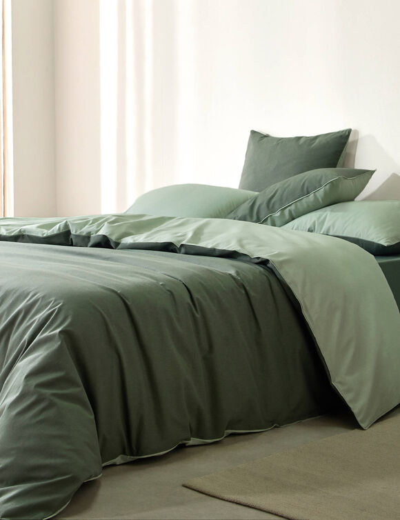 Linge de lit uni bicolore coton (eucalyptus / vert amande)