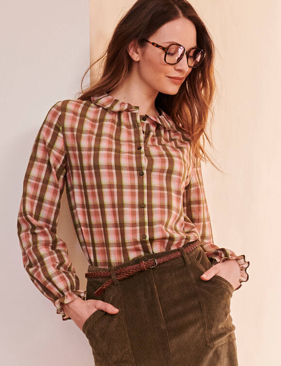 Chemisier col claudine &agrave; carreaux, fils tiss&eacute;s teints (kaki / rose)