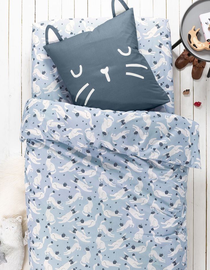 Linge de lit enfant imprimé chats Miaou 1 personne - coton biologique (bleu)