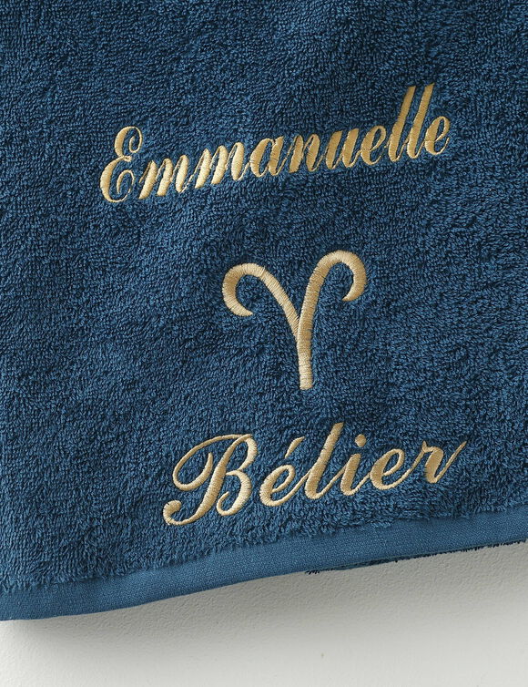 Serviettes de bain brodées Bélier personnalisable - 420g/m2 (bleu paon)