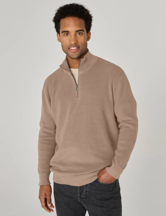 Pull col montant zipp&eacute; en maille perl&eacute;e (taupe)