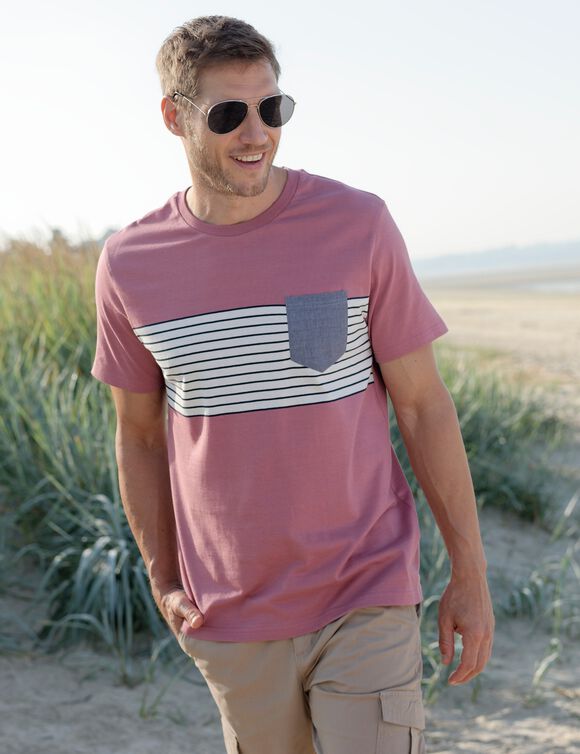 T-shirt rayé manches courtes (vieux rose)