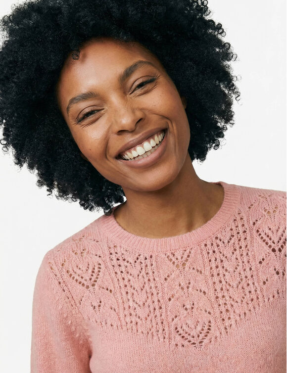 Pull col rond maille ajour&eacute;e, toucher doux (rose gris&eacute;)
