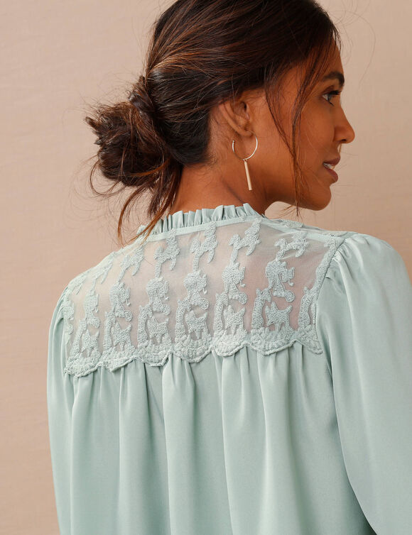Blouse dentelle manches longues blousantes (vert grisé)