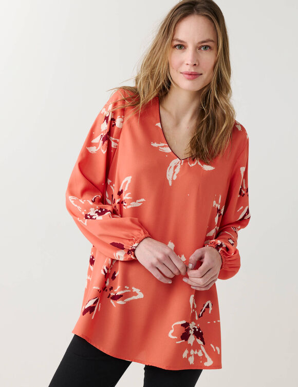Tunique fluide &eacute;vas&eacute;e imprim&eacute; floral, cr&ecirc;pe (paprika / &eacute;cru)