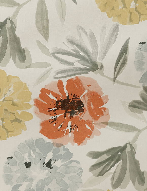 Tafellaken in toile cir&eacute;e met grote bloemenprint (geel / koraal)