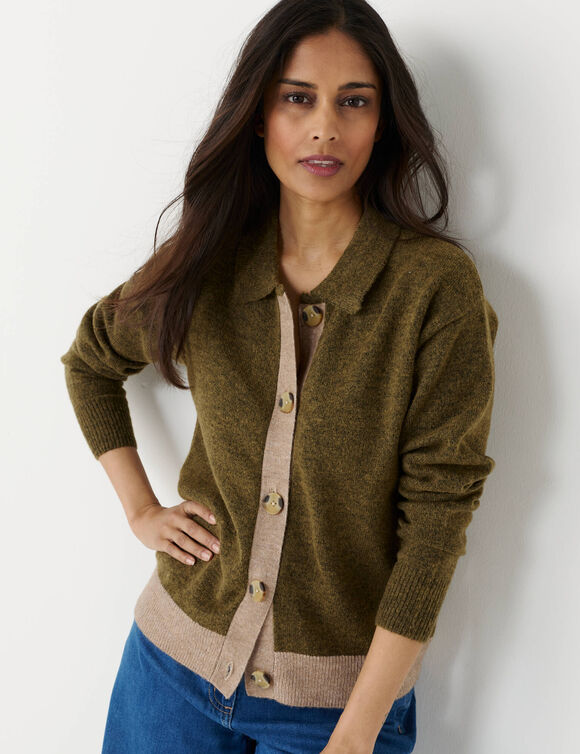 Gilet veste boutonn&eacute; bicolore, polyester recycl&eacute;** (vert olive / gr&egrave;ge chin&eacute;)