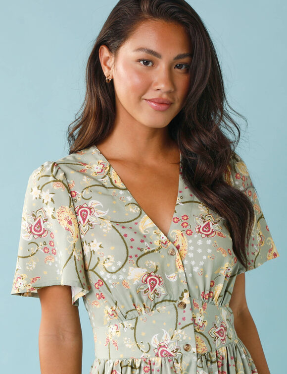 Robe longue boutonn&eacute;e imprim&eacute;e, Sp&eacute;cial Petites  (vert)