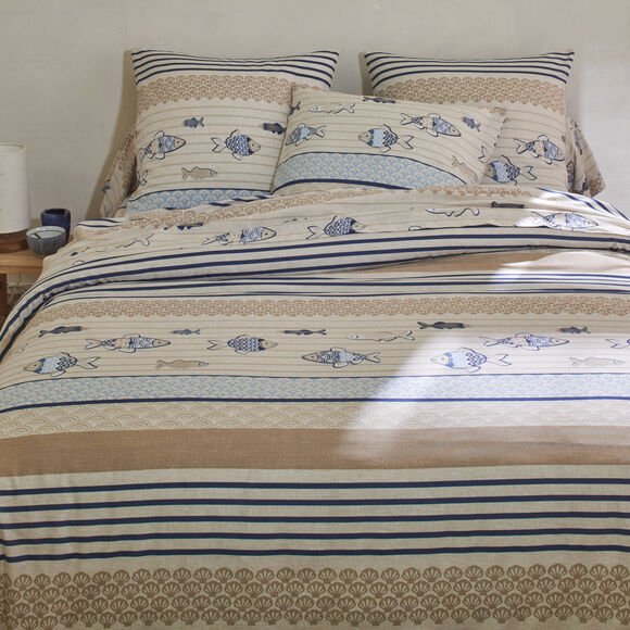 Bedlinnen Riviera in katoen met vissenprint (blauw)