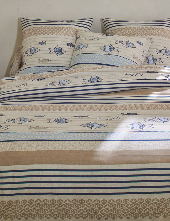 Linge de lit Riviera en coton imprimé poissons (bleu)