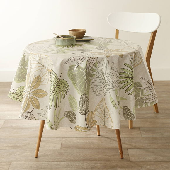 Tafellaken in toile cirée, met bladerenprint (groen / beige)