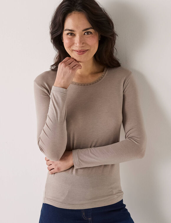 T-shirt chaleur manches longues en laine mélangée (taupe clair)